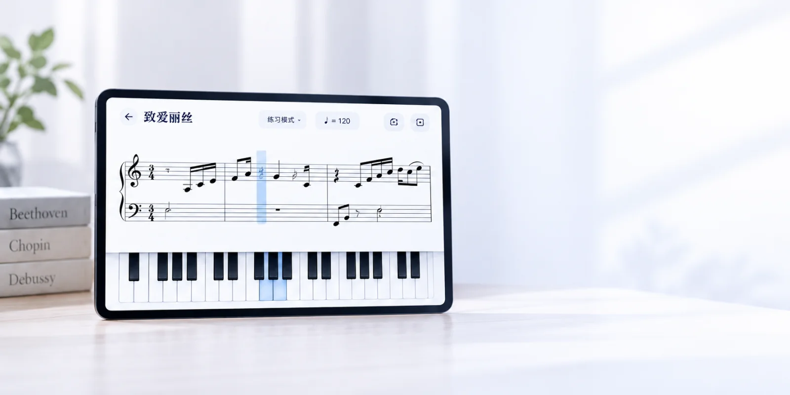桌面上的平板正在显示钢琴乐谱和虚拟键盘，旁边摆放着古典音乐书籍